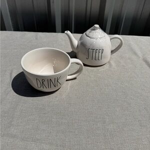 HTF Rae Dunn "STEEP" "DRINK" Unique Ceramic Teapot & Mug Stackable Set EUC Rare